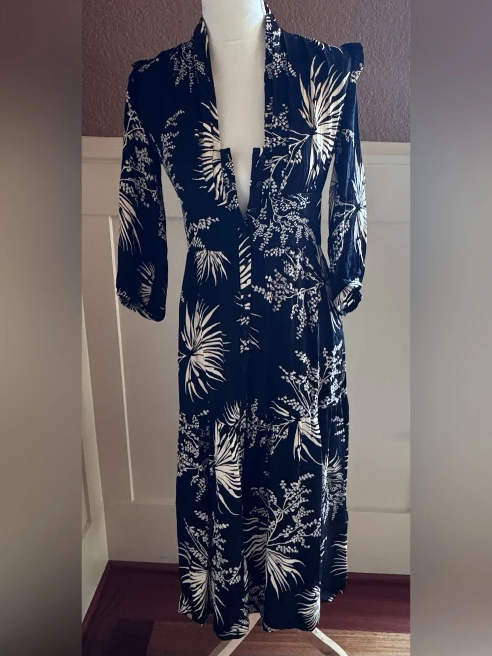 ba&sh Eleanor Robe Black and Cream Floral Button Midi Dress